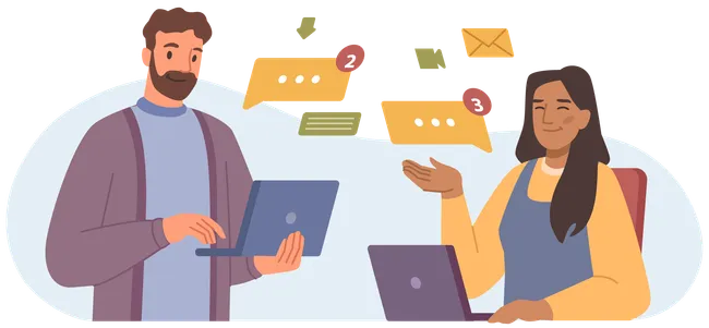 Illustration von zwei Personen mit Laptops, die miteinander kommunizieren. Um sie herum erscheinen Sprechblasen mit Nachrichten- und E-Mail-Symbolen.