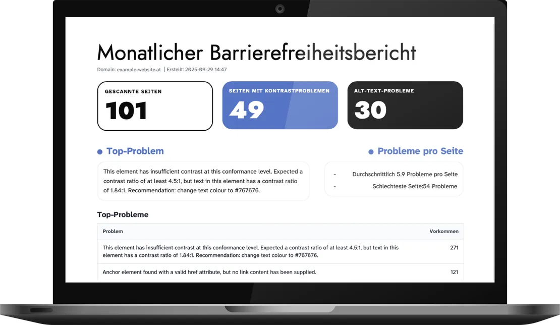 Beispielhaftes bild von einem Laptop auf dem ein Dashboard geöffnet ist. Titel: Monatlicher Barrierefreiheitsbericht
