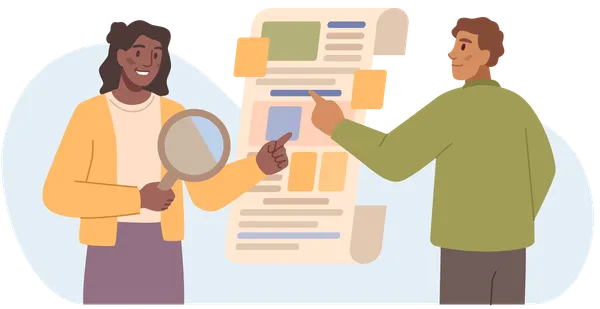 Illustration von zwei Personen, die gemeinsam an einem großen Dokument arbeiten; eine Person hält eine Lupe, die andere zeigt auf den Text.